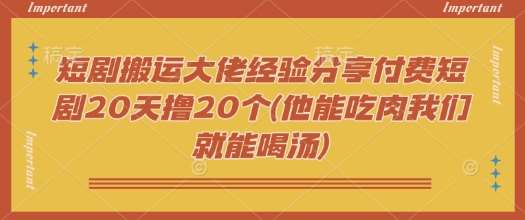 短剧搬运大佬经验分享付费短剧20天撸20个(他能吃肉我们就能喝汤)|无忧资源社