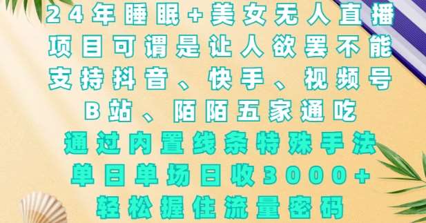 2024年睡眠+美女无人直播，通过内置线条特殊手法，单场日收3k+，轻松握住流量密码【揭秘】|无忧资源社