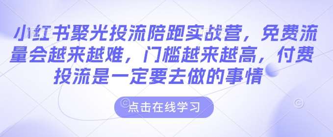 小红书聚光投流陪跑实战营，免费流量会越来越难，门槛越来越高，付费投流是一定要去做的事情|无忧资源社