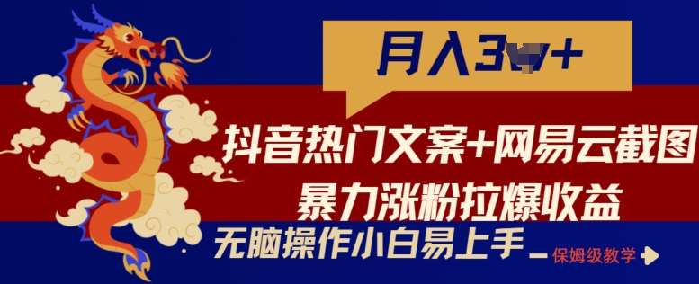 抖音热门文案+网易云截图暴力涨粉拉爆收益玩法，小白无脑操作，简单易上手【揭秘】|无忧资源社
