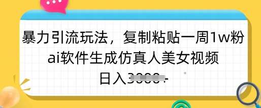 暴力引流玩法，复制粘贴一周1w粉，ai软件生成仿真人美女视频，日入多张|无忧资源社