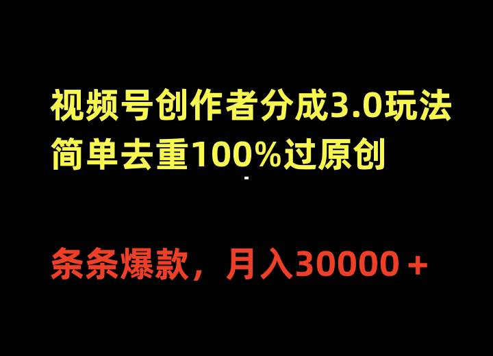 （10002期）视频号创作者分成3.0玩法，简单去重100%过原创，条条爆款，月入30000＋|无忧资源社