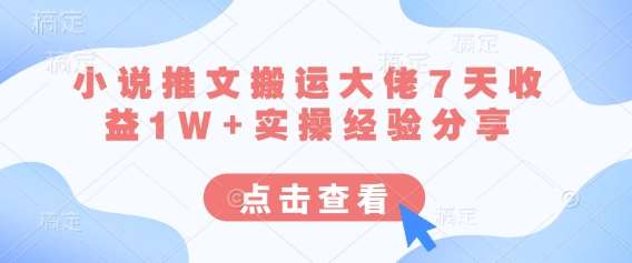 小说推文搬运大佬7天收益1W+实操经验分享|无忧资源社
