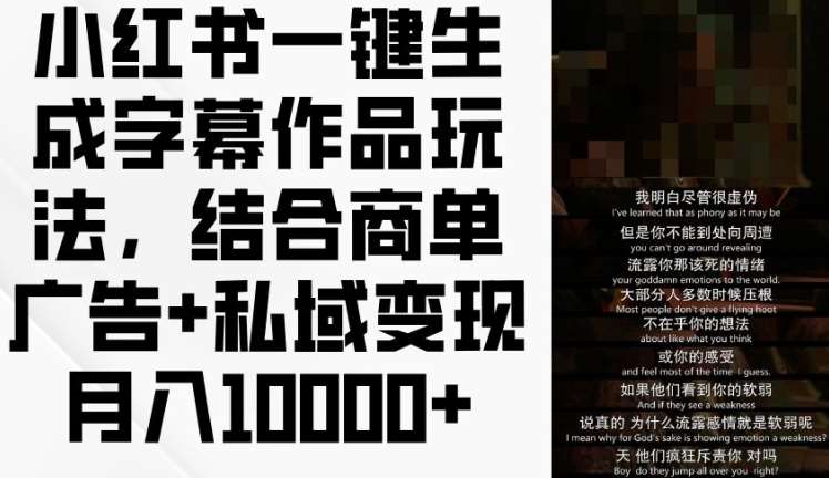 小红书一键生成字幕作品玩法，结合商单广告+私域变现月入1w+【揭秘】|无忧资源社