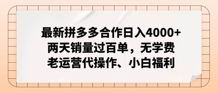 （11343期）最新拼多多合作日入4000+两天销量过百单，无学费、老运营代操作、小白福利|无忧资源社