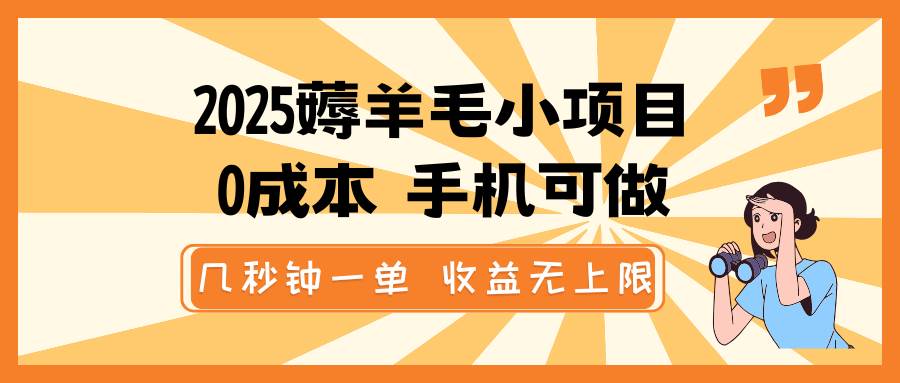 2025薅羊毛小项目，0成本 手机可做，几秒钟一单，收益无上限|无忧资源社