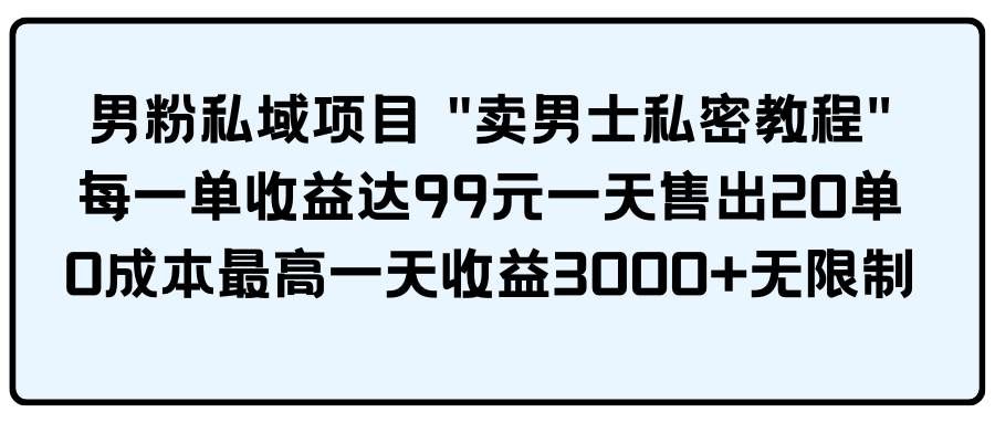 （9730期）男粉私域项目 “卖男士私密教程” 每一单收益达99元一天售出20单|无忧资源社