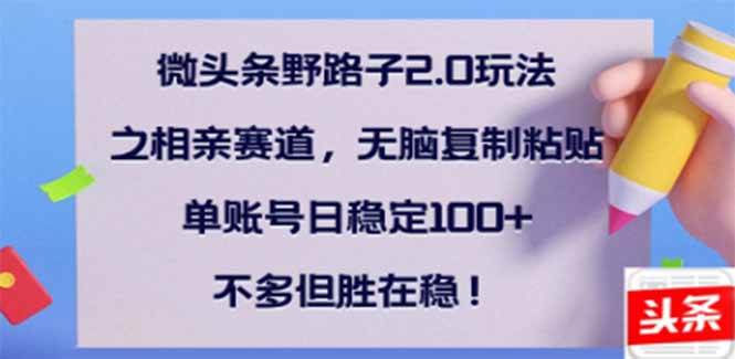 （14334期）微头条野路子2.0玩法之相亲赛道，无脑搬砖复制粘贴，单账号日稳定300+…|无忧资源社