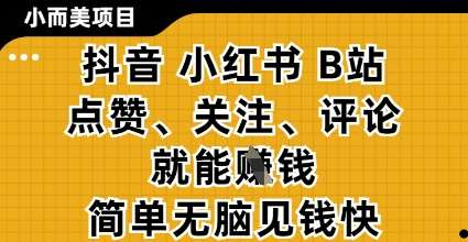 小而美的项目，抖音小红书B站视频点赞、关注、评论就能挣钱，简单无脑立见收益，妥妥的零撸项目【揭秘】|无忧资源社