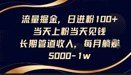 流量掘金，日进粉100+，当天上粉当天见钱，长期管道收入，每月躺挣5k|无忧资源社