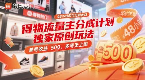 得物流量主分成计划独家原创玩法，48小时即可见到收益，单号收益 5张+，多号无上限【揭秘】|无忧资源社