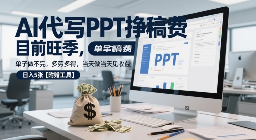 AI代写PPT挣稿费，目前旺季，单子做不完，多劳多得，当天做当天见收益，日入5张【附赠工具】|无忧资源社