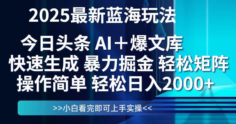（14805期）今日头条2025最新蓝海玩法，思路简单，复制粘贴，轻松实现矩阵日入2000+|无忧资源社