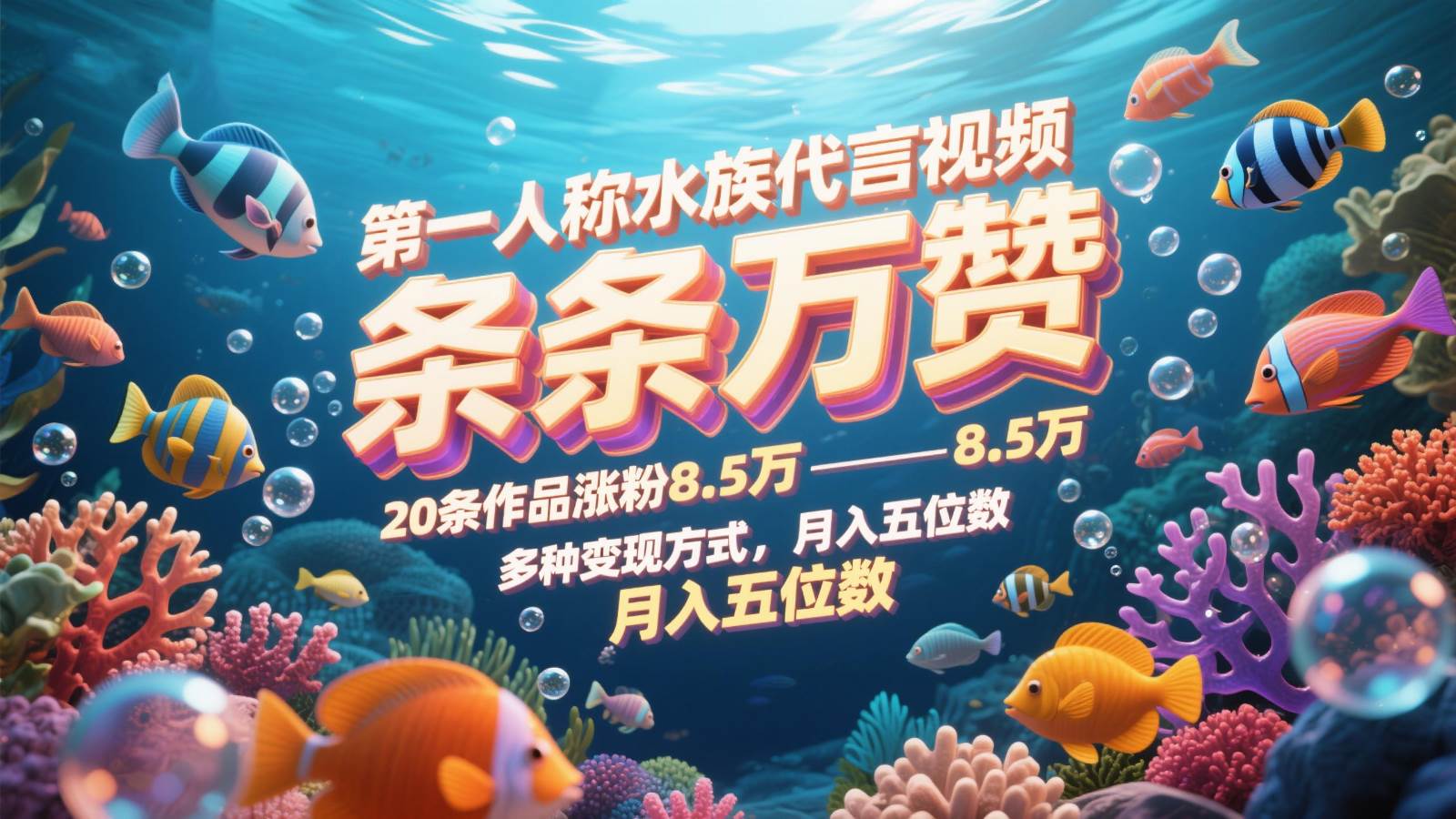 第一人称水族代言视频，条条万赞，20条作品涨粉8.5万，多种变现方式月，入五位数|无忧资源社
