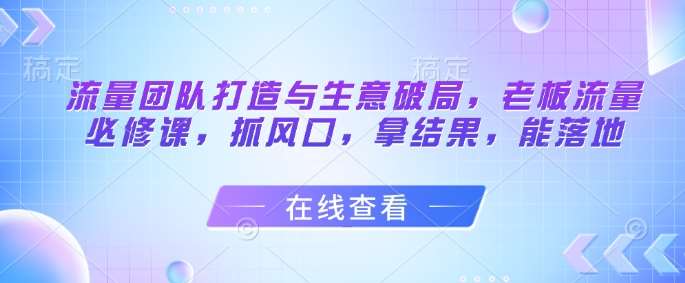 流量团队打造与生意破局，老板流量必修课，抓风口，拿结果，能落地|无忧资源社