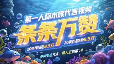 第一人称水族代言视频，条条万赞，20条作品涨粉7.8W，多种变现方式月入五位数|无忧资源社