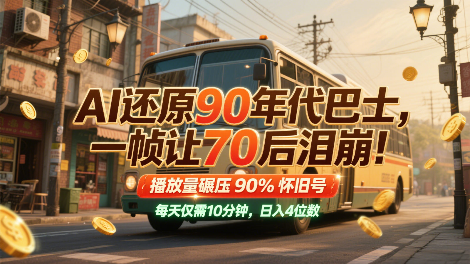 AI还原90年代巴士，一帧让70后泪崩！播放量碾压90%怀旧号，每天10分钟，日入4位数|无忧资源社