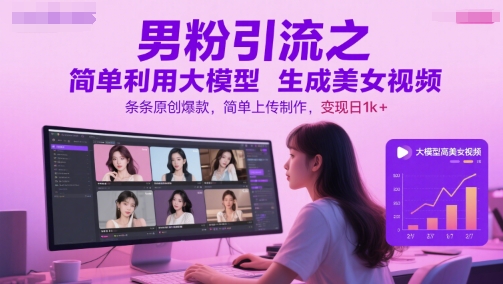 男粉引流之简单利用大模型生成美女视频，条条原创爆款，简单上传制作，变现日1k+|无忧资源社