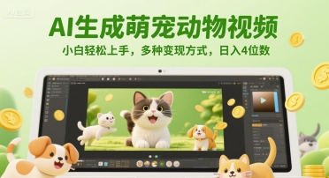 AI生成萌宠动物视频，小白轻松上手，多种变现方式，日入4位数|无忧资源社