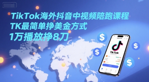 TikTok海外抖音中视频陪跑课程，TK最简单挣美金方式，1万播放挣8刀|无忧资源社