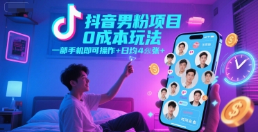 抖音男粉项目0成本玩法，一部手机即可操作，日均4张+，时间自由|无忧资源社