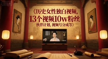 历史女性独白视频，13个视频10w粉丝，伙伴计划，视频号分成等|无忧资源社