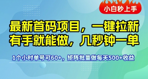 最新首码项目，一键拉新有手就能做，几秒钟一单，1个小时单号可60+，矩阵批量做每天5张【揭秘】|无忧资源社