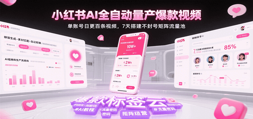 小红书AI全自动量产爆款视频，单账号日更百条视频，7天搭建不封号矩阵流量池|无忧资源社