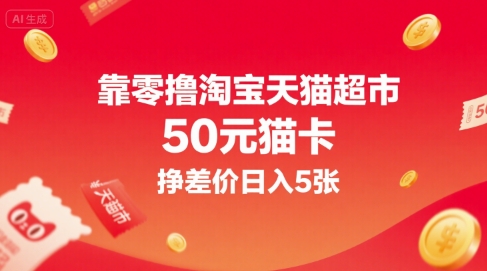 靠零撸淘宝天猫超市50元猫卡，挣差价日入5张|无忧资源社