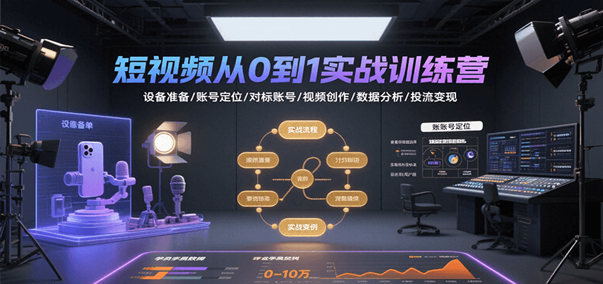短视频从0到1实战训练营：设备准备/账号定位/对标账号/视频创作/数据分析/投流变现|无忧资源社