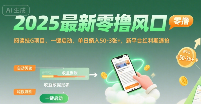 2025最新零撸风口，阅读挂G项目，一键启动，单日躺入 50-3张+，新平台红利期速抢【揭秘】|无忧资源社
