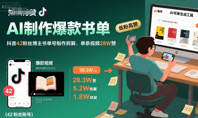 AI制作爆款书单，抖音42粉丝博主书单号制作拆解，单条视频28W赞|无忧资源社