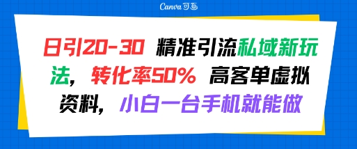 日引 20-30 精准引流私域新玩法，转化率50% 高客单虚拟资料，小白一台手机就能做|无忧资源社