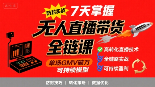 无人直播带货全链防封实战课，7天掌握高转化直播技术，实现单场GMV破万可持续模型|无忧资源社