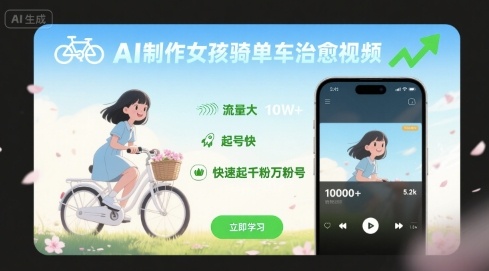 AI制作女孩骑单车治愈视频，流量大，起号快，快速起千粉万粉号|无忧资源社