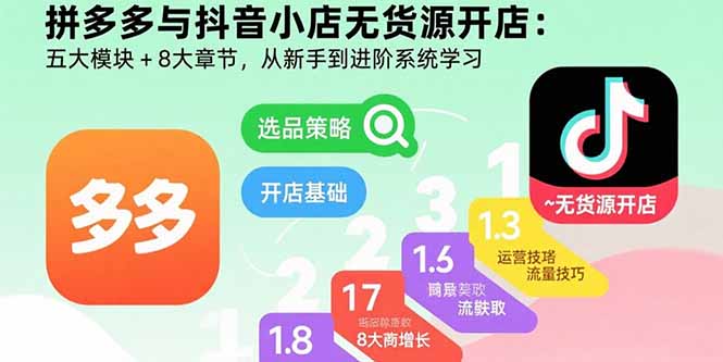 （15805期）拼多多与抖音小店无货源开店：五大模块+8大章节，从新手到进阶系统学习|无忧资源社