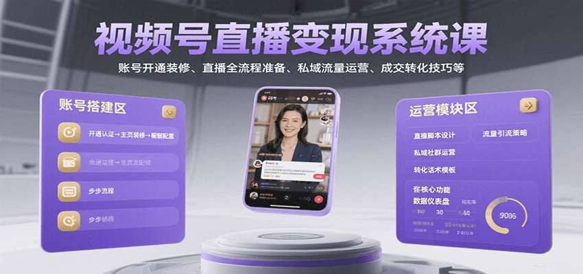 视频号直播变现系统课，账号开通装修、直播全流程准备、私域流量运营、成交转化技巧等|无忧资源社