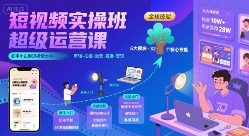 短视频实操班超级运营课，新手小白到短视频大神必修课程，剪辑-拍摄-运营-直播-变现|无忧资源社