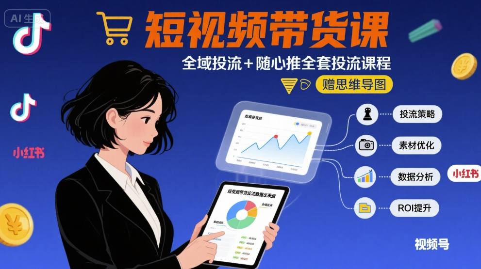 最新短视频带货课，全域投流+随心推全套投流课程+思维导图|无忧资源社