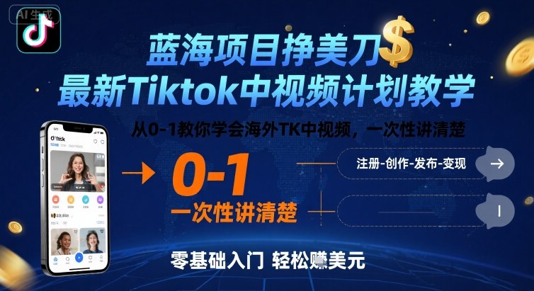 蓝海项目挣美刀，最新Tiktok中视频计划教学，从0-1教你学会海外TK中视频，一次性讲清楚|无忧资源社