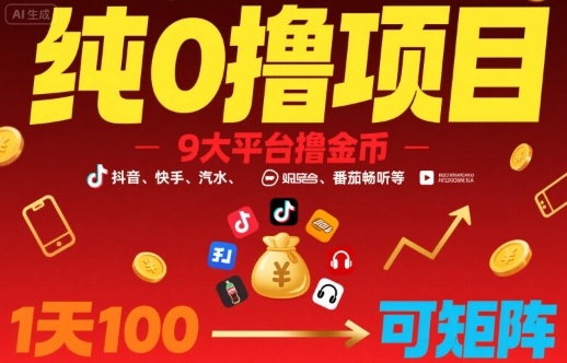 纯0撸项目，9大平台撸金币，抖音，快手，汽水，番茄畅听等，1天100，可矩阵|无忧资源社