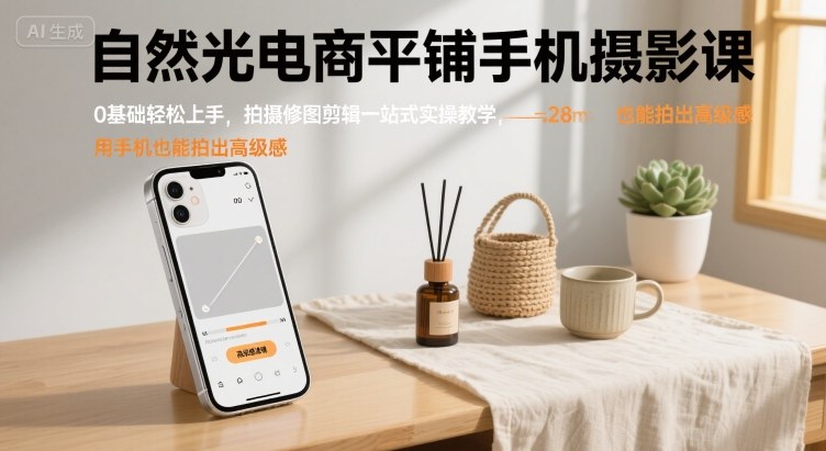 自然光电商平铺手机摄影课，0基础轻松上手，拍摄修图剪辑一站式实操教学，用手机也能拍出高级感|无忧资源社