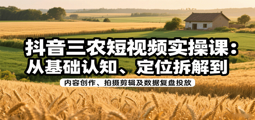 抖音三农短视频实操课：从基础认知、定位拆解到内容创作、拍摄剪辑及数据复盘投放|无忧资源社