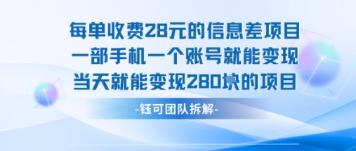 每单收费28米的项目单日能变现280左右 一部手机一个账号就能变现|无忧资源社