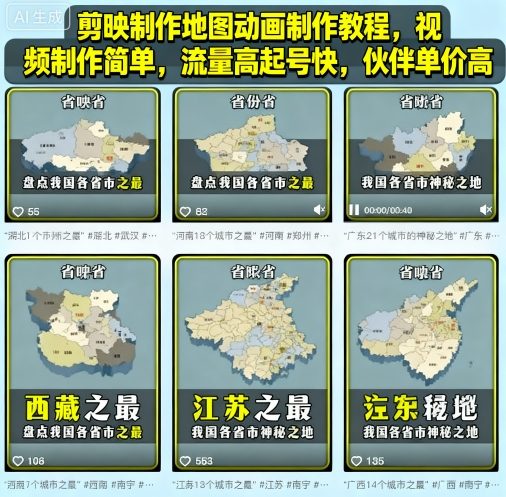 剪映制作地图动画制作教程，视频制作简单，流量高起号快，伙伴单价高|无忧资源社