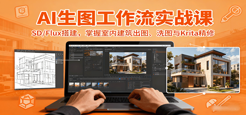 AI生图工作流实战课：SD/Flux搭建，掌握室内建筑出图、洗图与Krita精修|无忧资源社