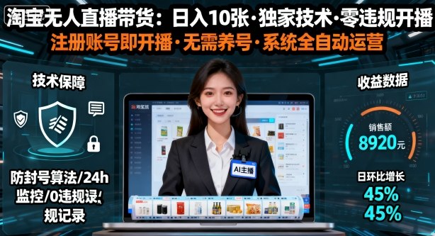 【最新】淘宝无人直播带货，日入10张，独家技术，无违规无封号，注册账号直接开播，不用养号【揭秘】|无忧资源社