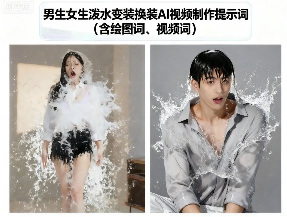 男生女生泼水变装换装AI视频制作提示词(含绘图词、视频词)|无忧资源社