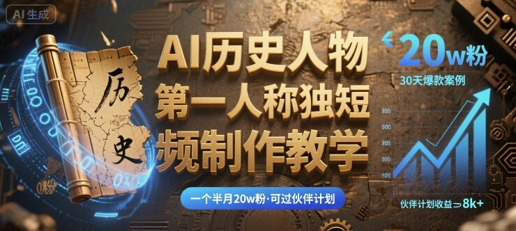 最新AI历史人物第一人称独白短视频制作教学，一个半月20w粉，可过伙伴计划|无忧资源社