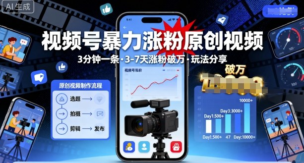 视频号暴力涨粉原创视频，3分钟一条原创视频，3-7天涨粉破万，玩法分享给你|无忧资源社
